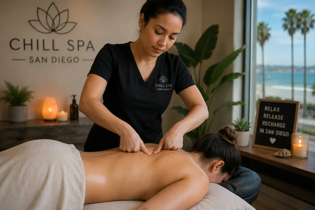 Therapist applying trigger point pressure massage to a client’s upper back at Chill Spa in San Diego.