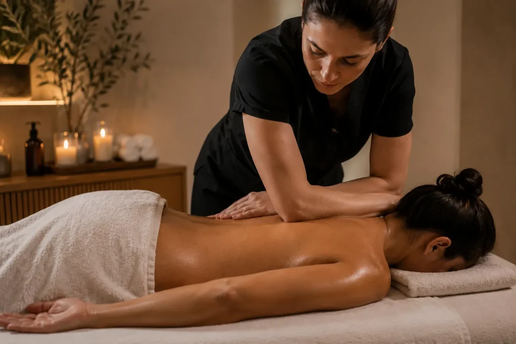 Professional massage therapist using forearm pressure on a client’s back in a softly lit, clean spa environment.