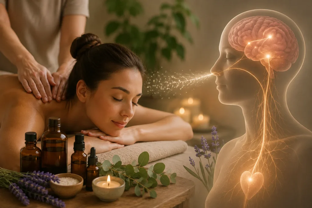 Woman receiving an aromatherapy massage with essential oils and a soft visual representation of the brain and nervous system in a calming spa environment.