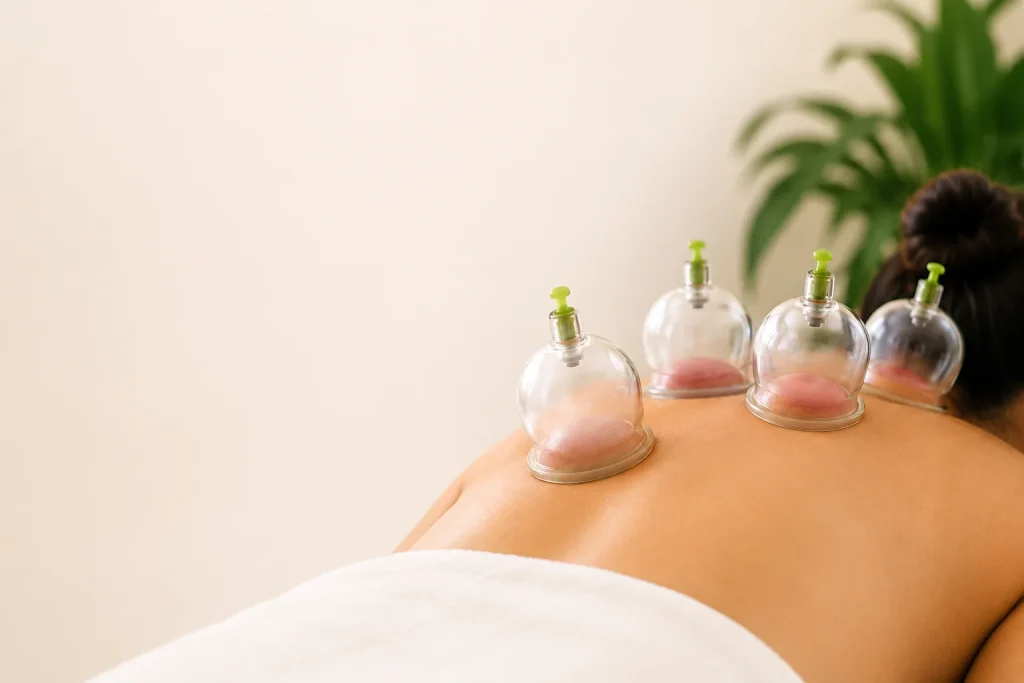 Person receiving cupping therapy on the back in a modern spa setting with soft lighting and a calming atmosphere.