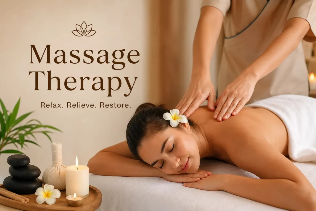 Woman receiving a relaxing full body massage therapy session with candles and spa setting for stress relief and muscle relaxation.