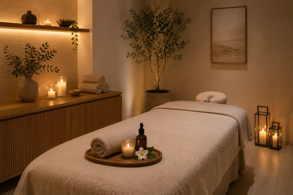 Minimalist spa room with a massage table, neatly folded towels, soft ambient lighting, and glowing candles in a clean, neutral-toned environment.