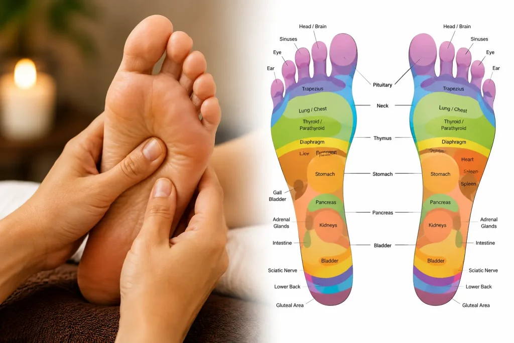 Hands performing reflexology foot massage beside a colorful reflexology foot map showing pressure points and body connections.