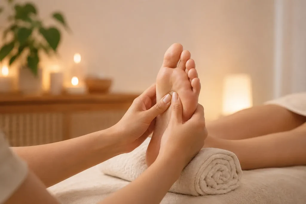 Therapist performing reflexology foot massage in a peaceful spa setting with soft lighting and towels.