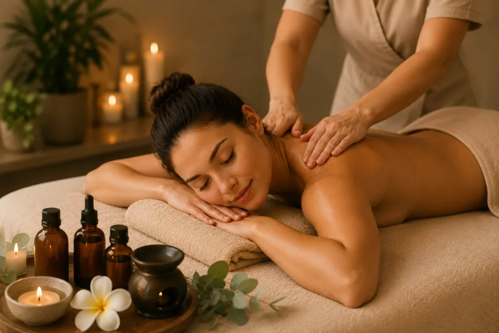 Guest enjoying a calming aromatherapy massage in a peaceful spa room with candles, essential oils, and warm ambient lighting.