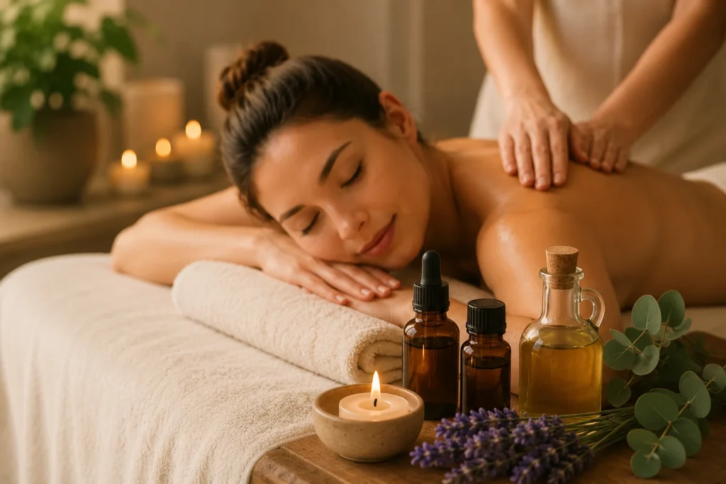 Woman receiving a calming aromatherapy massage with essential oils, candles, and soft spa lighting in a peaceful wellness setting.