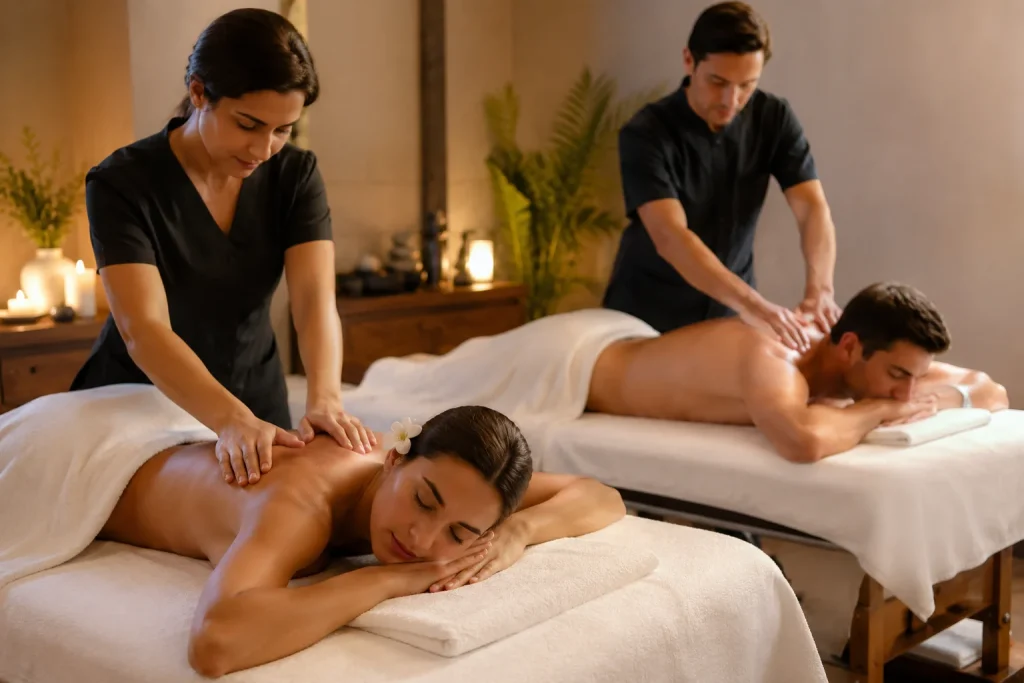 Couple enjoying a side-by-side massage therapy session in a calm spa room with soft lighting and professional therapists.