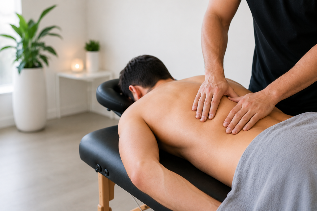 Athlete receiving a professional sports massage in a calm and modern therapy room.