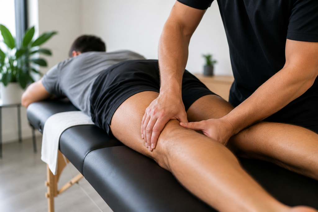 Professional sports massage therapist working on an athlete’s leg in a clean and relaxing massage room.