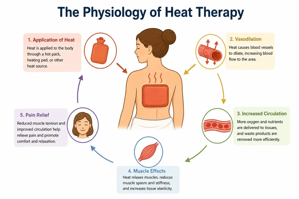 Simple diagram showing how heat therapy works including heat application, vasodilation, increased circulation, muscle relaxation, and pain relief