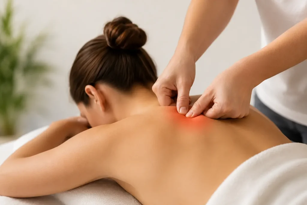 Client relaxing during trigger point massage therapy session at Chill Spa, San Diego