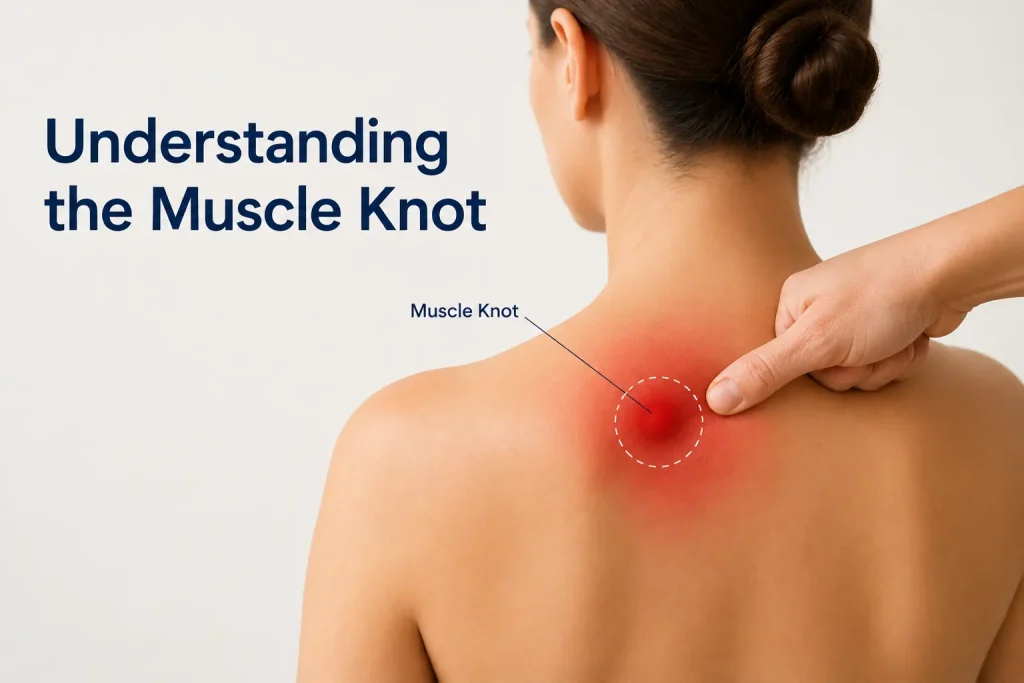 Close-up of trigger point pressure being applied to a muscle knot in the upper shoulder and back area.