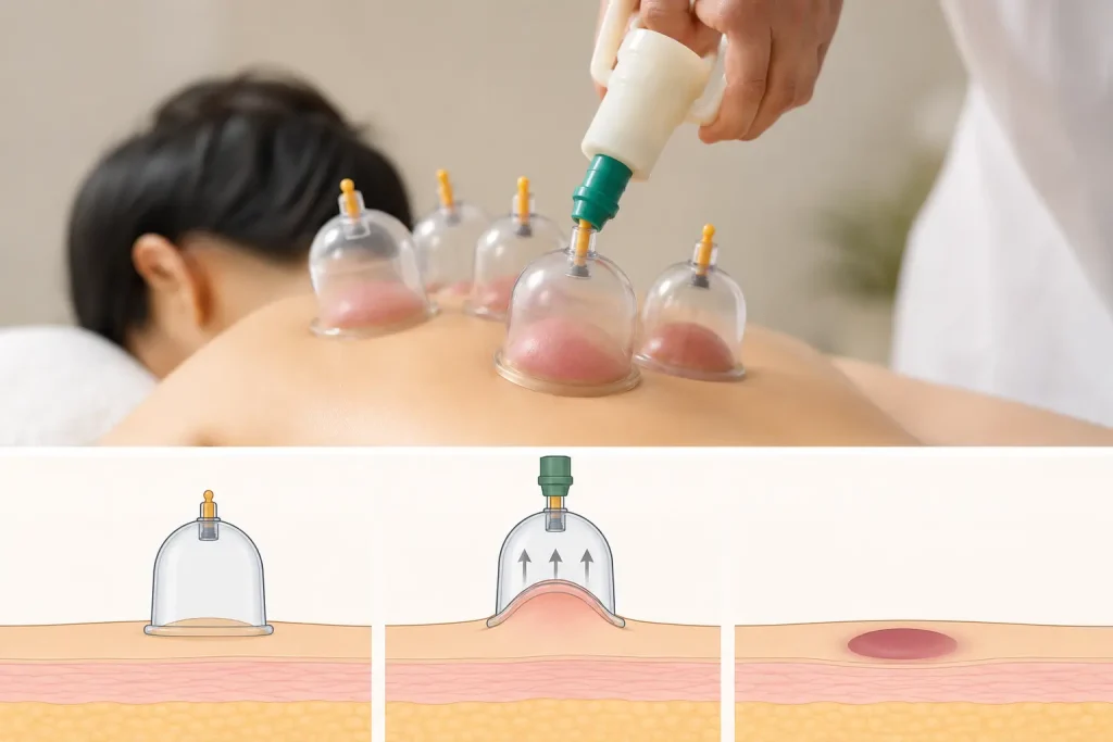 Cupping therapy treatment on a person’s back showing suction cups and a simple skin suction process illustration.